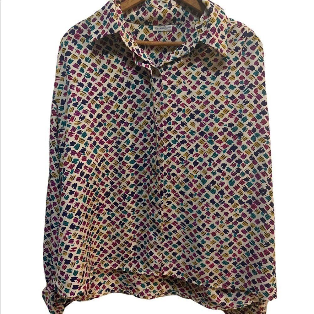 Vintage retro 70s 80s bright multicolored silky blouse! In EUC! Sz L.